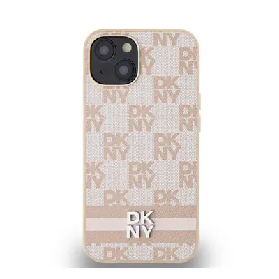 DKNY PU Leather Checkered Pattern and Stripe Apple iPhone 15 hátlap tok, rózsaszín