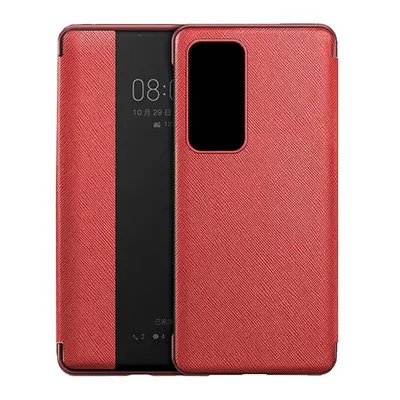 Huawei P40, Oldalra nyíló tok, bőrhatású, hívás mutatós, textil minta, View Window, piros