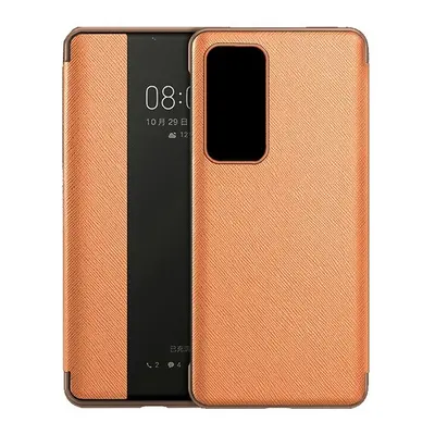 Huawei P40, Oldalra nyíló tok, bőrhatású, hívás mutatós, textil minta, View Window, narancssárga