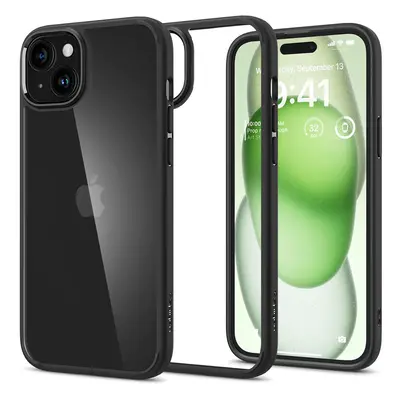 Apple iPhone 15 Plus, Műanyag hátlap védőtok + szilikon keret, Spigen Ultra Hybrid, átlátszó/fek