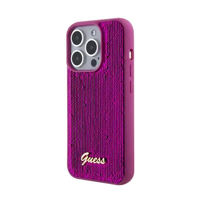 Guess Sequin Script Logo iPhone 15 Pro tok, magenta