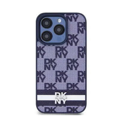 DKNY PU Leather Checkered Pattern and Stripe Apple Iphone 15 Pro tok, kék