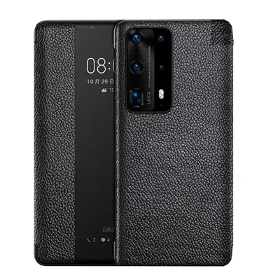 Huawei P40, Oldalra nyíló tok, valódi bőrtok, hívás mutatós, érdes felület, Smart View Cover, fe