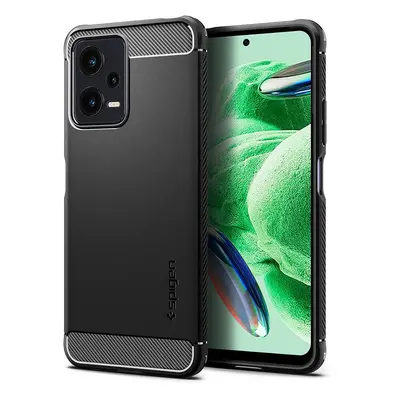 Xiaomi Redmi Note 12 5G / Poco X5 5G, Szilikon tok, Spigen Rugged Armor, karbon minta, fekete