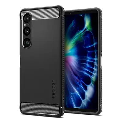 Sony Xperia 1 VI, Szilikon tok, Spigen Rugged Armor, karbon minta, fekete