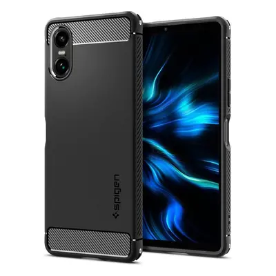 Sony Xperia 10 VI, Szilikon tok, Spigen Rugged Armor, karbon minta, fekete