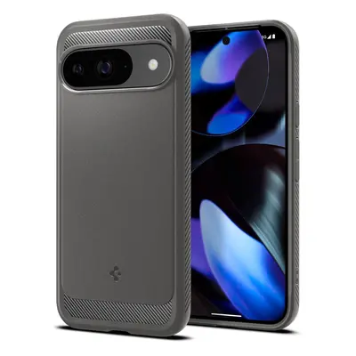 Google Pixel 9 / 9 Pro, Szilikon tok, Spigen Rugged Armor, karbon minta, szürke