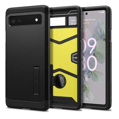 Google Pixel 6a, Szilikon tok + műanyag hátlap, kitámasztóval, Spigen Tough Armor, fekete