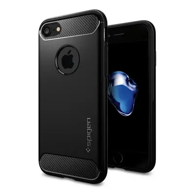 Apple iPhone 7 / 8, TPU szilikon tok, Spigen Rugged Armor, karbon minta, fekete