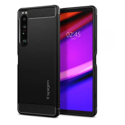 Sony Xperia 1 IV, Szilikon tok, Spigen Rugged Armor, karbon minta, fekete