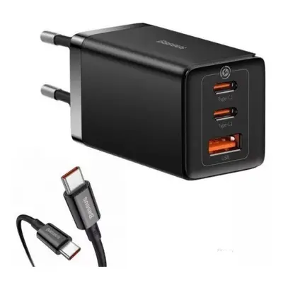 Hálózati töltő adapter, 65W, USB aljzat, 2 x USB Type-C aljzat, USB Type-C - USB Type-C kábellel