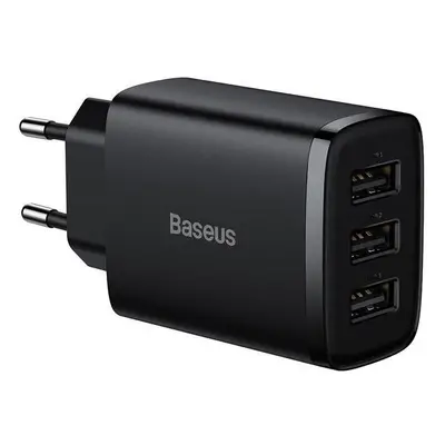 Hálózati töltő adapter, 17W, 3 x USB aljzat, gyorstöltés, Baseus Compact, fekete