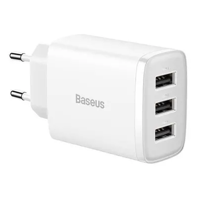 Hálózati töltő adapter, 17W, 3 x USB aljzat, gyorstöltés, Baseus Compact, fehér