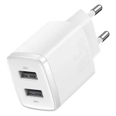 Hálózati töltő adapter, 10.5W, 2 x USB aljzat, gyorstöltés, Baseus Compact, fehér