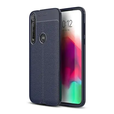 Motorola Moto G8 Plus, TPU szilikon tok, bőrhatású, varrásminta, sötétkék