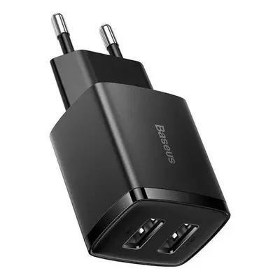 Hálózati töltő adapter, 10.5W, 2 x USB aljzat, gyorstöltés, Baseus Compact, fekete