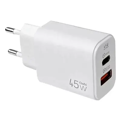 Hálózati töltő adapter, 45W, USB aljzat, USB Type-C aljzat, gyorstöltés, PD, QC, GaN, fehér