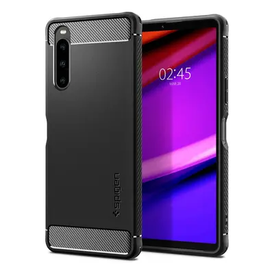 Sony Xperia 10 V, Szilikon tok, Spigen Rugged Armor, karbon minta, fekete