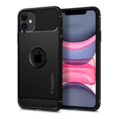 Apple iPhone 11, TPU szilikon tok, Spigen Rugged Armor, karbon minta, fekete