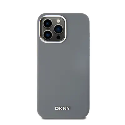 DKNY Liquid Silicone Silver Metal Logo Magsafe iPhone 15 Pro Max hátlap tok, szürke