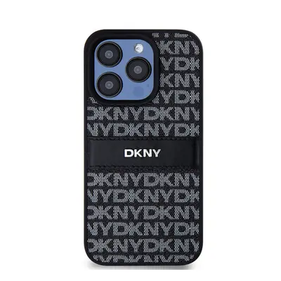 DKNY PU Leather Repeat Pattern Tonal Stripe Apple iPhone 15 Pro Max hátlap tok, fekete