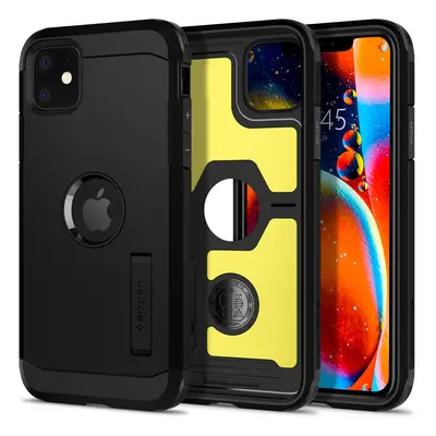 Apple iPhone 11, Szilikon tok + műanyag hátlap, kitámasztóval, Spigen Tough Armor, fekete