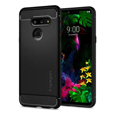 LG G8 ThinQ G820Q, Szilikon tok, Spigen Rugged Armor, karbon minta, fekete