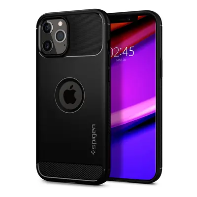 Apple iPhone 12 / 12 Pro, Szilikon tok, Spigen Rugged Armor, karbon minta, fekete