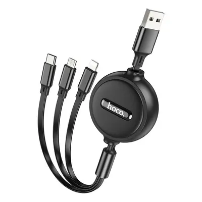 USB töltő- és adatkábel 3in1, USB Type-C, Lightning, microUSB, 100 cm, 2000mA, lapos, feltekerhe