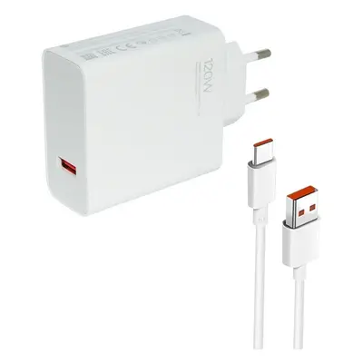 Hálózati töltő adapter, 120W, USB aljzat, USB Type-C kábellel, gyorstöltés, PD, Xiaomi, fehér, g