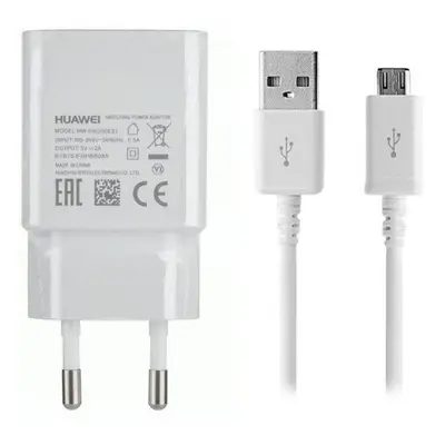 Hálózati töltő adapter, 5V / 1000 mAh, USB aljzat, microUSB kábellel, Huawei, fehér, gyári