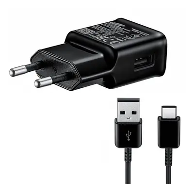 Hálózati töltő adapter, 5V / 2000mA, USB aljzat, USB Type-C kábellel, gyorstöltés, Samsung, feke