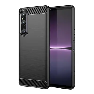 Sony Xperia 1 V, Szilikon tok, közepesen ütésálló, szálcsiszolt, karbon minta, fekete