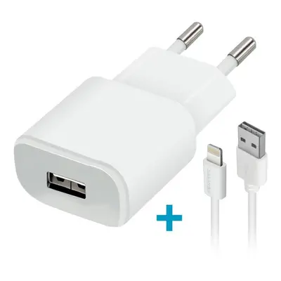 Hálózati töltő adapter, 5V / 1000 mAh, USB aljzat, Lightning kábellel, Forever, fehér, TC-01