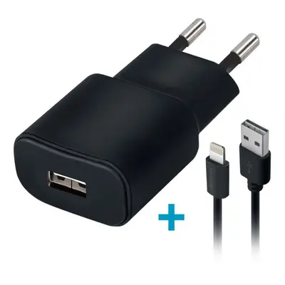 Hálózati töltő adapter, 5V / 2000 mAh, USB aljzat, Lightning kábellel, Forever, fekete, TC-01