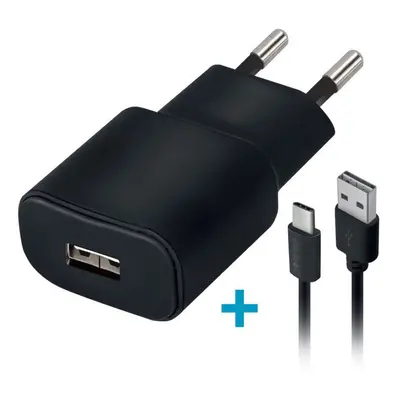 Hálózati töltő adapter, 5V / 2000 mAh, USB aljzat, USB Type-C kábellel, Forever, fekete, TC-01