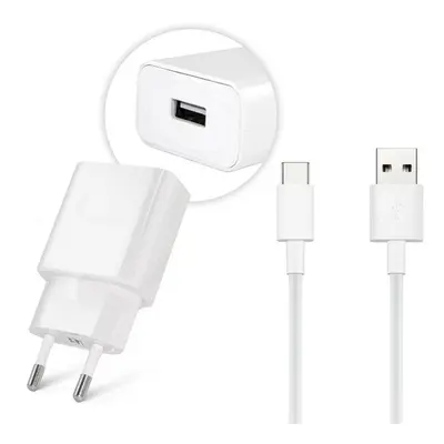 Hálózati töltő adapter, 5V / 2000 mAh, USB aljzat, USB Type-C kábellel, gyorstöltés, Huawei, feh