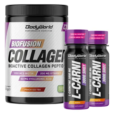 BodyWorld Biofusion Collagen 300 g eper + 2x L-Carnitine 3000 Shot 80 ml INGYENES