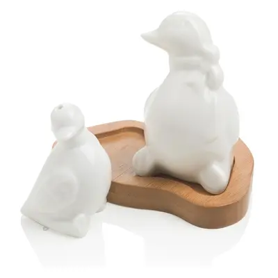 Só-borsszóró készlet tartóval, Kacsa, Brandani, 10x6x7,5 cm, porcelán / bambusz