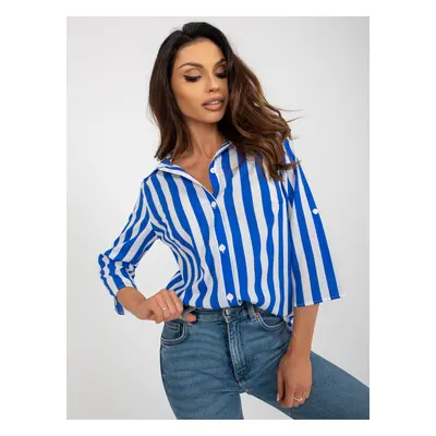 Blue-white shirt blouse with 3/4 sleeves