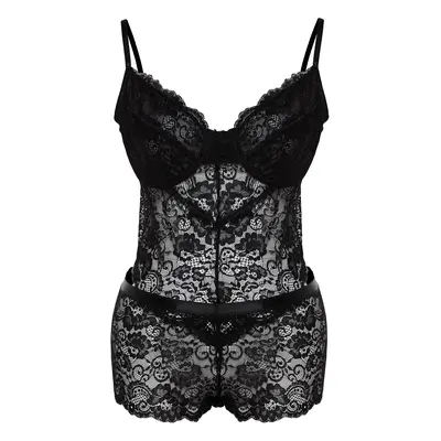 Trendyol Curve Black Strappy Lace Plus Size Bodysuit