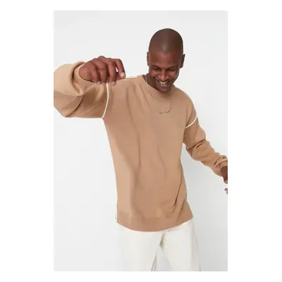 Trendyol Camel Oversize Crew Neck Piping Detailed Knitwear Sweater