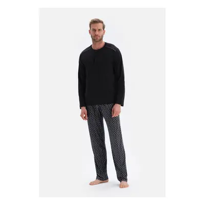 Dagi Black Long Sleeve Tops Featured Printed Bottom Modal Groom Pajamas Set