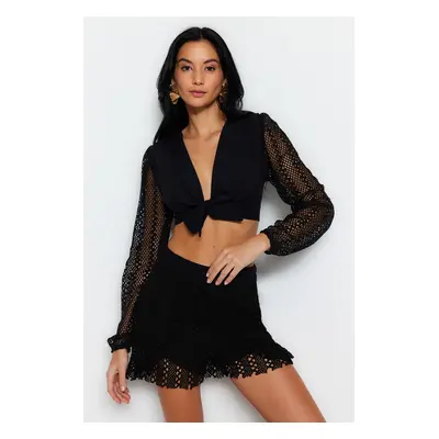 Trendyol Black Crop Woven Tie 100% Cotton Blouse