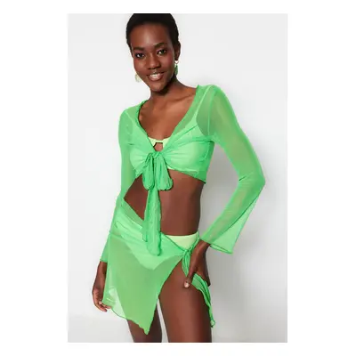 Trendyol Green Woven Tie Mesh Blouse and Skirt Set