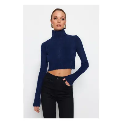 Trendyol Navy Blue Crop puha texturált kötöttáru pulóver