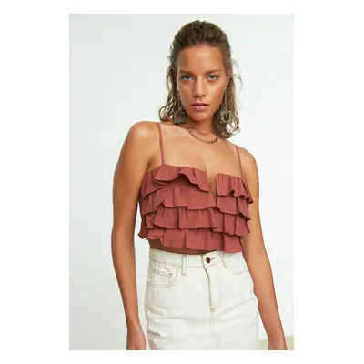 Trendyol Brown Crop Woven Ruffle 100% Cotton Blouse