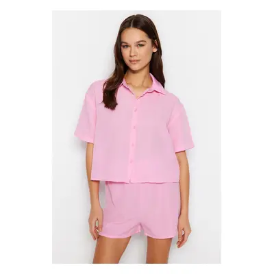 Trendyol Light Pink Elastic Detailed Shirt-Shorts Woven Pajamas Set