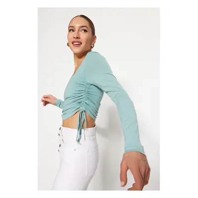 Trendyol Dark Mint Square Collar Shirred Knitted Blouse