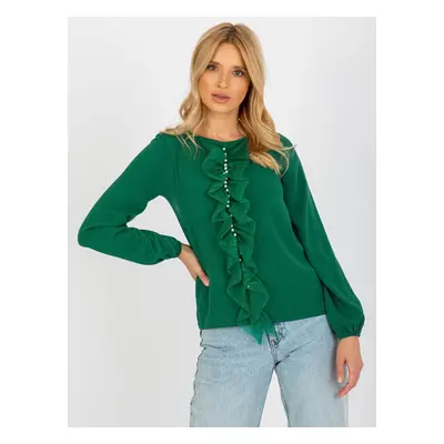 Dark green formal blouse with pearls and mesh